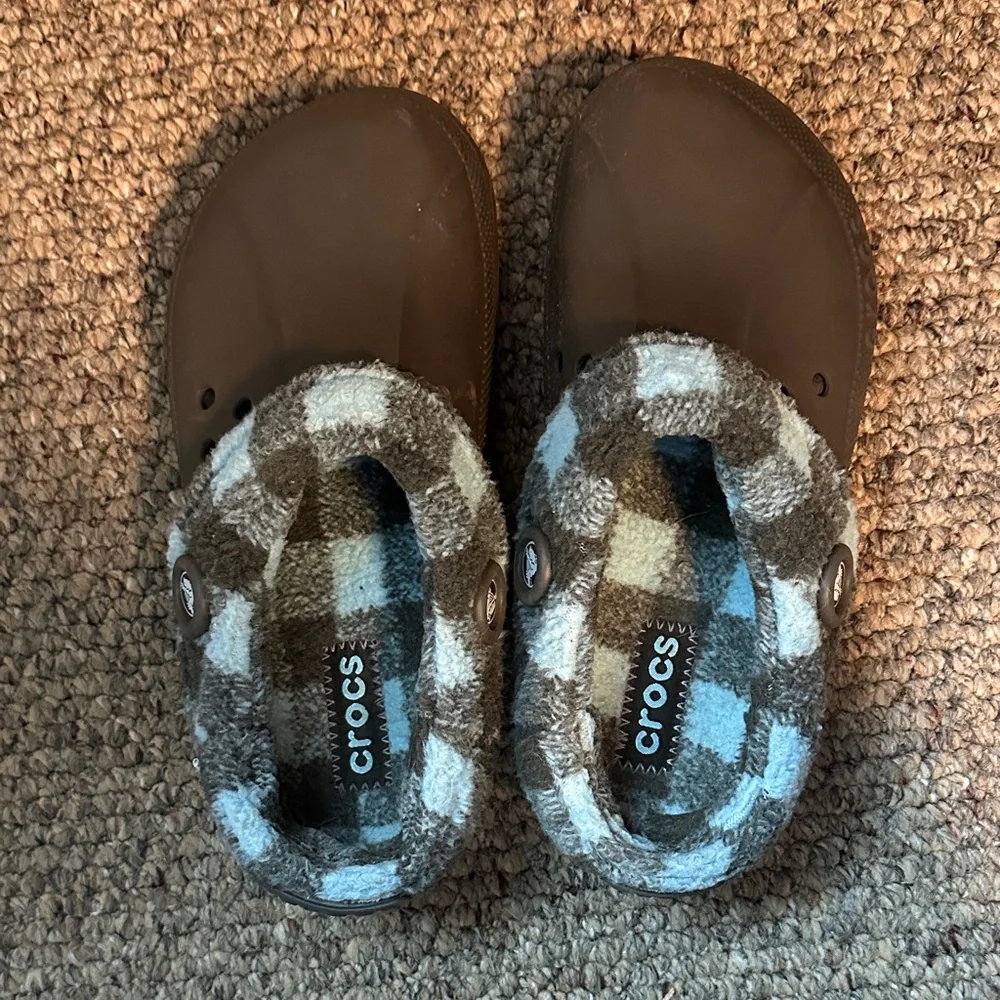 CROCS Kids' Brown and Blue Plaid Lined Slippers - Picture 1 of 5